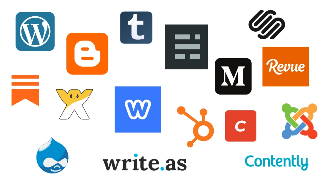 Wordpress-Blogger-Medium-Tumblr-Wix-Ghost-Squarespace-Revue-Substack-Weebly-Craft-CMS-Contently- Joomla-Drupal-Write-as-CMS-Hub