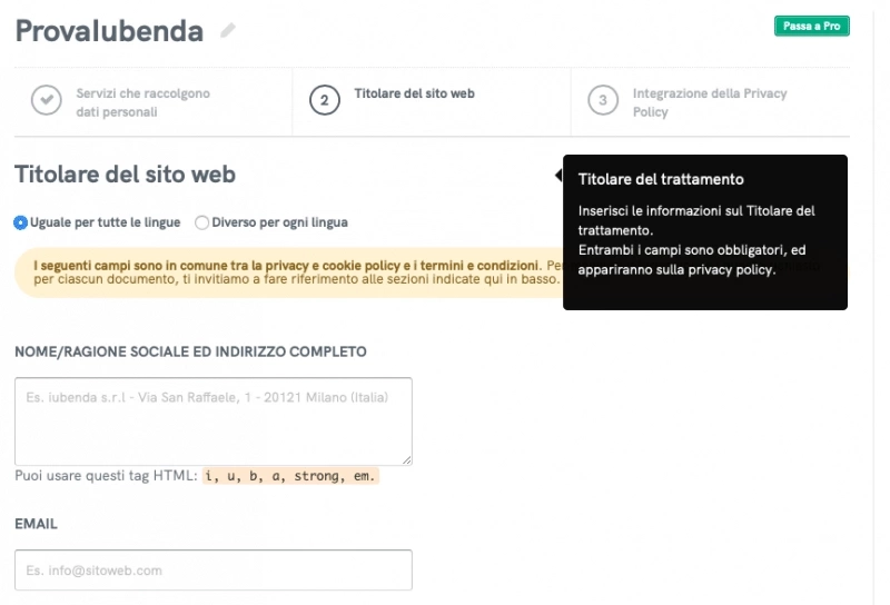 Privacy policy dati titolare sito web