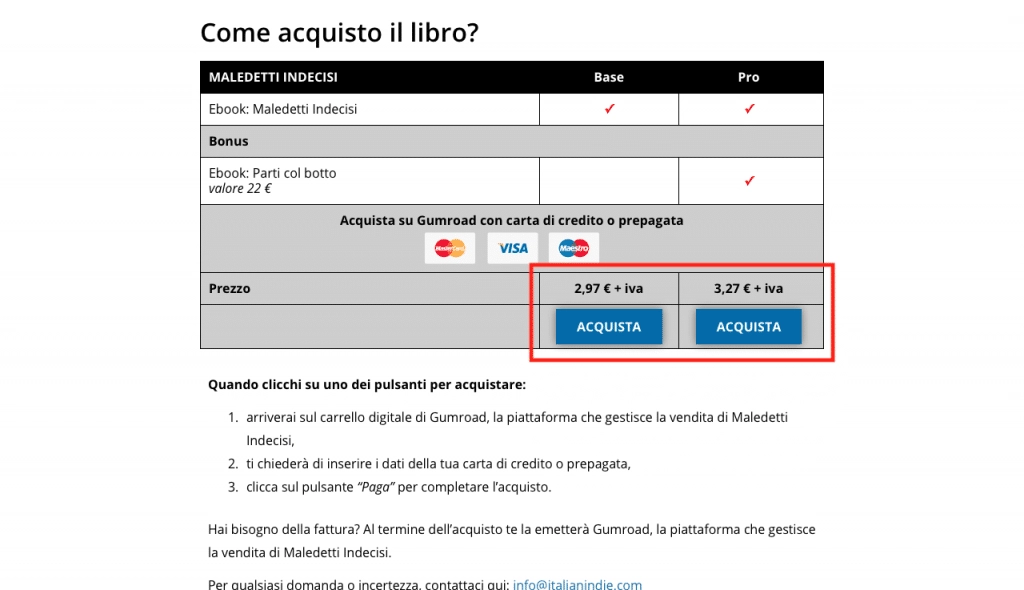 Invito all'acquisto su una landing page