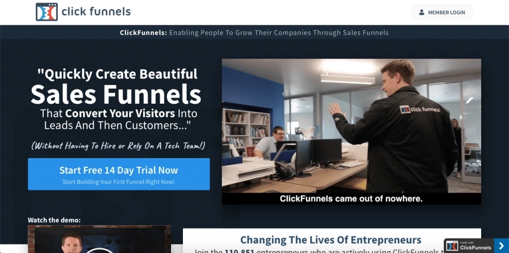 Home page di Clickfunnels